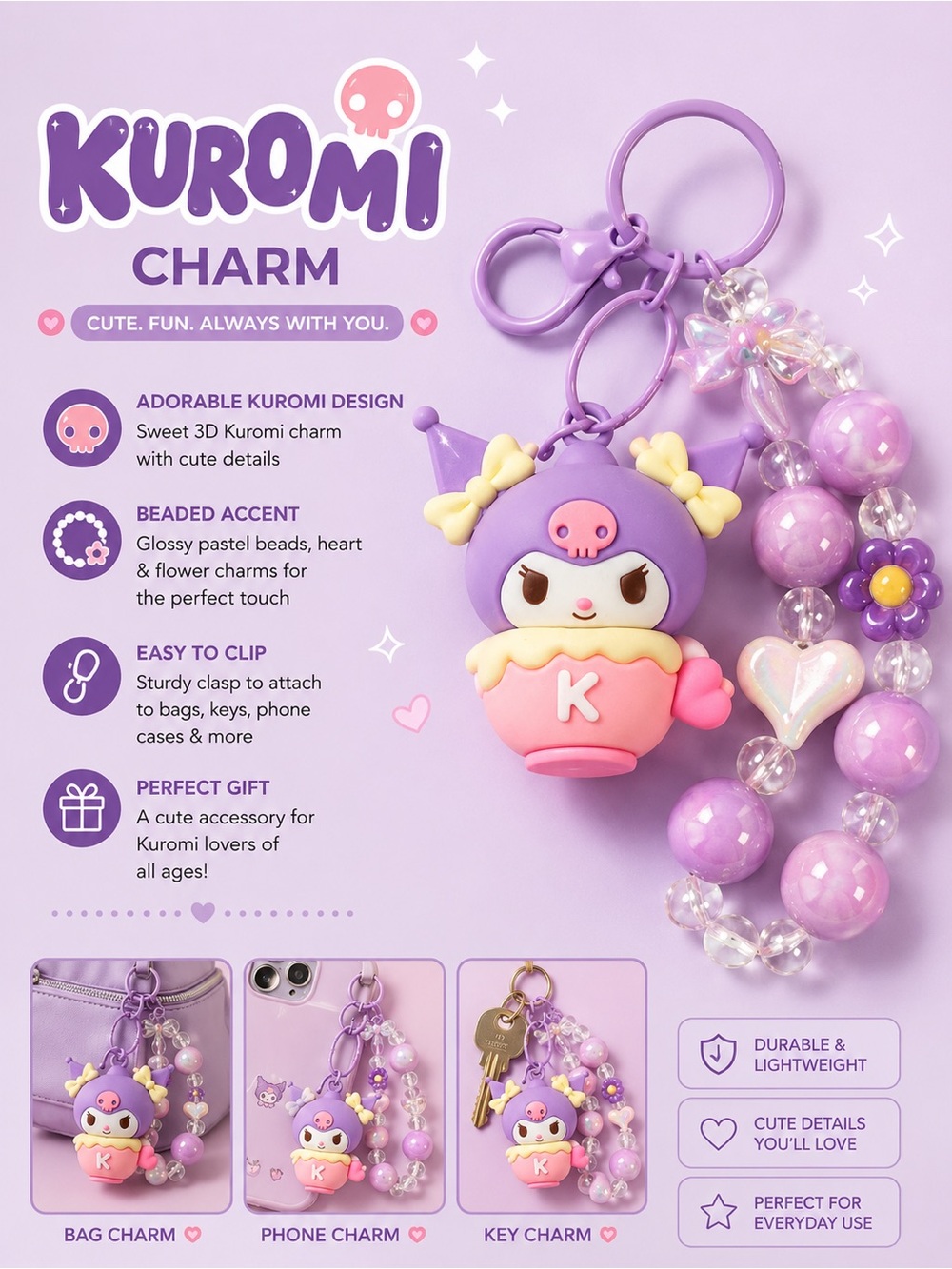 Kuromi Purple Beaded Bag Charm Keyring